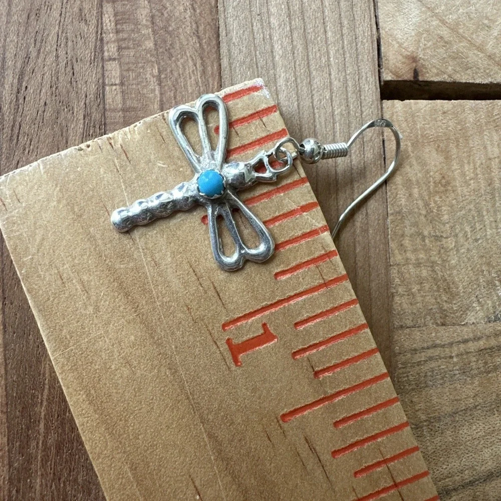 VTG Native‎ American Dragonfly Earrings 1.5 Inch Turquoise 925 Sterling 2.5g New